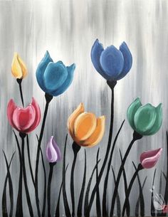 colorful tulips are painted on a canvas with black and white stripes, as well as text