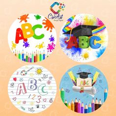 four colorful images with letters, numbers and symbols in the middle one has a graduation cap on top