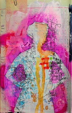 an art journal with mixed media collages and ink on paper, featuring a drawing of a man's torso