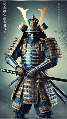 an image of a japanese warrior with two swords in his hand and wearing blue armor