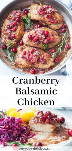 cranberry balsamic chicken in a skillet with red cabbage and lemons