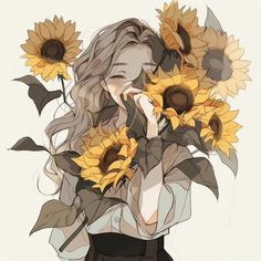 a drawing of a woman with sunflowers in her hair, holding her hand to her face