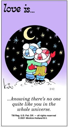 two children hugging each other in front of a night sky with stars and the words love is