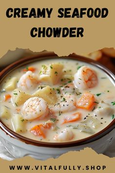 a bowl of creamy seafood chowder with shrimp and carrots