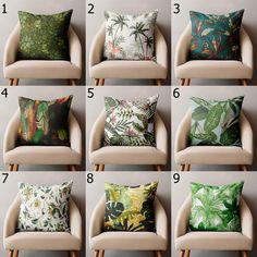 a bunch of pillows sitting on top of a chair in different styles and colors,