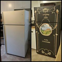 an old refrigerator has been painted black and white with gold trimmings to match the kitchen's decor