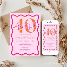 a pink and orange birthday party card next to an iphone