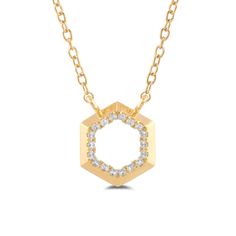 A petite diamond necklace capable of proving that a little goes a long way. Small in size but big in impact, this hexagonal pendant sparkles beautifully when it catches the light. The geometric profile and knife-edge design of this piece deliver the perfect amount of style and edge. Gold Hexagon Necklace For Formal Events, Octagon Necklace With Diamond Accents For Gifts, Octagon Diamond Necklace In Yellow Gold, Fine Jewelry Octagon Diamond Necklace With Single Cut Diamonds, Octagon Diamond Necklace With Single Diamond, Gold Octagon Necklaces With Diamond Accents, Gold Hexagon Necklace For Formal Occasions, Gold Octagon Necklace With Diamond Accents, Octagon Diamond Necklace Gift