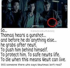 an image of some people in the dark with a red circle above them that says so, thomas hears a gunshot and before he do anything else