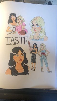 an open book with drawings of women in different outfits and words that read, taste