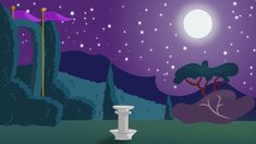 an animated scene with trees and mountains in the background at night, including a pillar