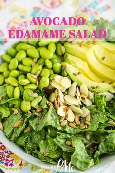 avocado and edamame salad in a white bowl on a colorful tablecloth