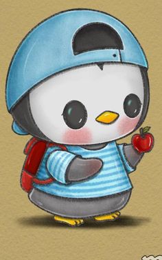 a drawing of a little penguin holding an apple