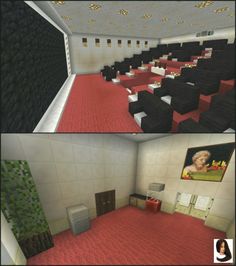 there are two pictures of a room with red carpet and black chairs in the middle