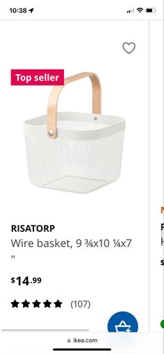 a white basket with wooden handles for sale on the app store's iphone screen