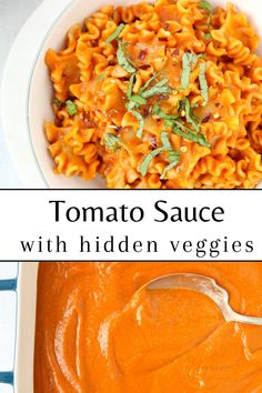 The top picture shows a white bowl with short curly noodles that are covered in a homemade tomato and vegetable pasta sauce garnished with sliced fresh basil. The bottom picture shows a hidden vegetable pasta sauce in a large dish with a big spoon stirring. Vegetable Pasta Sauce, Veggie Pasta Sauce, Hidden Vegetables, Veggie Pasta, Healthy Toddler Meals, Hidden Veggies, Vegetable Pasta