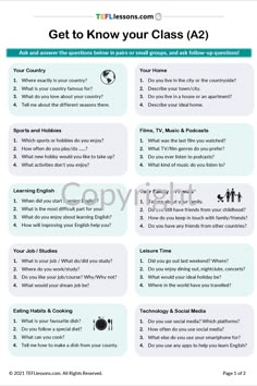 Conversation Questions (A2) ESL Teaching Resources Esl Ice Breakers, Daily Questions For Students, A2 English Activities, Esl Conversation Questions, Get To Know You Questions For Students, English Questions For Speaking, Tefl Lessons, Esl Speaking Activities, Speaking Questions