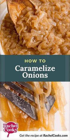 how to caramelize onions in the slow cooker with text overlay that reads, how to caramelize onions