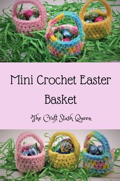 the crochet basket has four small eggs in it and is sitting on some grass