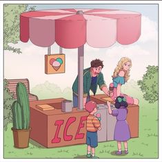 an ice cream stand with three children standing at it and one man handing something to the child