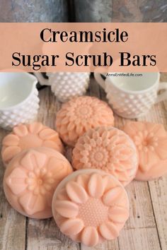 6 creamsicle sugar scrub bars on a wooden board. Three small pieces of milk glass are in the background Body Scrub Bars Diy, Diy Spa Stuff, Body Scrub Bar, Best Sugar Scrub Recipe, Soap Scrub Recipe, Body Sugar Scrub Diy Recipes, Soap Making Designs Ideas, Sugar Scrub Bars Diy, Homemade Products To Sell