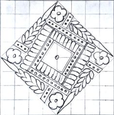 a drawing of a square with flowers and leaves on it, in the middle of a tiled