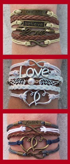 four different bracelets with the words love and arrows on them, all in different colors