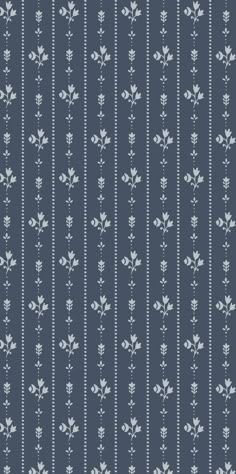 a blue and white striped wallpaper with small flowers on the bottom half of it