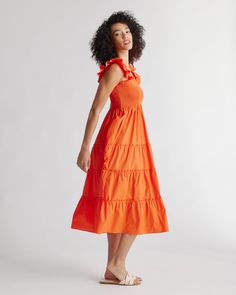 This floaty, flirty, light dress is about to become your fave for summer. Flattering A-line cut, smocked elasticated top, tiered poplin skirt. The sleeveless style has ruffle detailing and all in breathable, natural 100% organic cotton poplin. It's soft, comfy, and the midi-length has the potential to be dressed up or down.  | Quince | Women's Smocked Midi Dress in Vermilion Red, Size Large, Organic Cotton Vacation Ruched Midi Dress With Ruffled Straps, Casual Midi Dress With Smocked Back And Ruffled Straps, Summer Midi Dress With Ruched Ruffled Straps, Summer Midi Dress With Ruched And Ruffled Straps, Casual Tiered Dress With Gathered Neckline, Summer Vacation Smocked Dress With Gathered Neckline, Casual Midi Dress With Ruched Ruffled Straps, Casual Ruched Midi Dress With Ruffled Straps, Casual Midi Dress With Ruched And Ruffled Straps