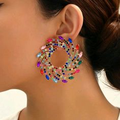 This Beautiful Earring Promises Carefree And Comfortable Wearing. Its Design Aims To Stand Out From The Crowd. This Earring Is Truly A Beautiful Thing That Deserves A Place In Every Jewelry Collection. Earrings Are Symbols Of An Eternal Love And Attachment And Prosperity. Style: Bohemia Gender: Women Material: Crystal Elegant Multicolor Hoop Earrings For Party, Multicolor Metal Crystal Earrings For Party, Multicolor Metal Earrings For Party, Trendy Multicolor Crystal Earrings For Gift, Trendy Multicolor Crystal Earrings As Gift, Multicolor Single Earring For Party, Trendy Multicolor Crystal Earrings, Eye-catching Multicolor Party Earrings, Multicolor Metal Hoop Earrings For Party