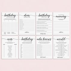 the printable birthday games are lined up on top of each other, with black ink