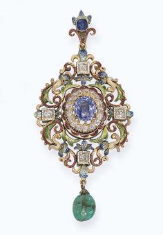 AN ANTIQUE SAPPHIRE, DIAMOND AND EMERALD HOLBEINESQUE PENDANT/ BROOCH. The central oval-cut sapphire within a diamond border to the openwork scrolling polychrome enamel surround, suspending an emerald bead drop, mounted in gold, the reverse bearing the inscription Mrs. H.G. Shee from the Hon. Society of the Middle Temple. 1896, 7.7 cm long, with dark red leather case (2) Royal Jewellery, Brown Diamonds, Emerald Ring Vintage, Antique Necklaces, Georgian Jewelry, Pendant Sets, Pendant Brooch, Vintage Fine Jewelry, Emerald Bead