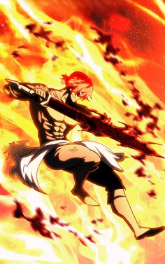 an anime character flying through the air with fire in the background and flames behind him