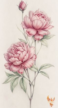 a drawing of three pink flowers on a white background