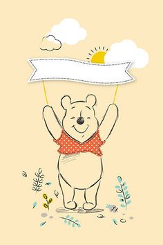 a drawing of a bear holding a sign with the sun in the sky above it