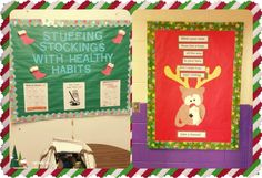 two bulletin boards with christmas themed writing on them