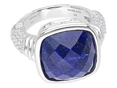 Judith Ripka Square Cushion Blue Lapis and 0.85ctw Round White Bella Luce® Diamond Simulant Rhodium Over Sterling Silver Statement Ring. Measures Approximately 0.62"L x 0.62"W. Not Sizeable. Sapphire Platinum Jewelry With Pave Setting, Blue Platinum Jewelry With Pave Setting, Elegant Sterling Silver Sapphire Ring With Pave Setting, Elegant Sapphire Ring With Pave Setting In Sterling Silver, Luxury White Gold Sapphire Ring With Gemstone Accents, Luxury Silver Sapphire Ring With Gemstone Accents, Elegant Suit, Lapis Ring, Judith Ripka