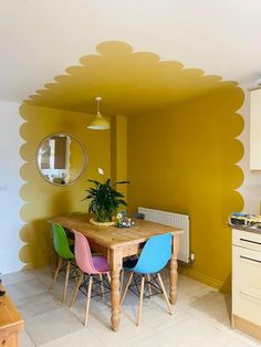 a kitchen with yellow walls and colorful chairs around the table in front of an oven