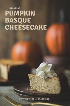 a slice of pumpkin basque cheesecake on a plate