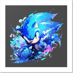 sonic the hedgehog in blue paint splattered on a black and white background