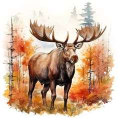 a painting of a moose standing in the middle of a forest with lots of trees