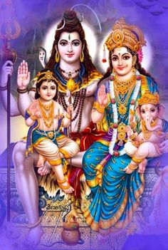 the hindu god and his family in front of a blue background with words on it