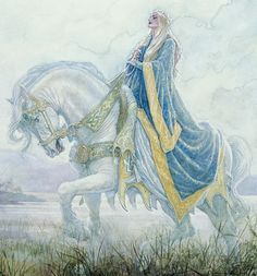 a painting of a woman riding on the back of a white horse in a field