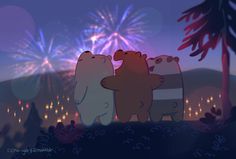 three polar bears standing in front of fireworks