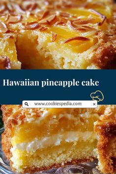 a close up of a piece of cake on a plate with the words hawaiian pineapple cake