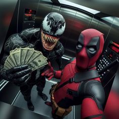 two men dressed as deadpool and spider - man are holding cash in their hands