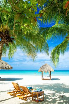 two lounge chairs under palm trees on the beach with an umbrella and table set up