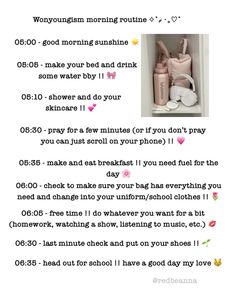 a pink bag with the words'morning routine'written on it, and an image of