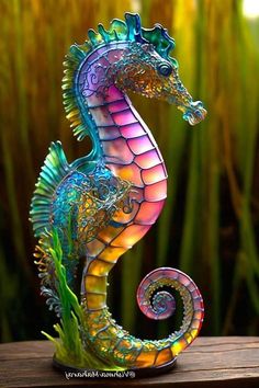 a colorful sea horse statue sitting on top of a wooden table next to tall grass