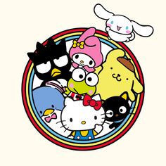 a group of hello kitty and other cartoon characters in a circle with an egg on top